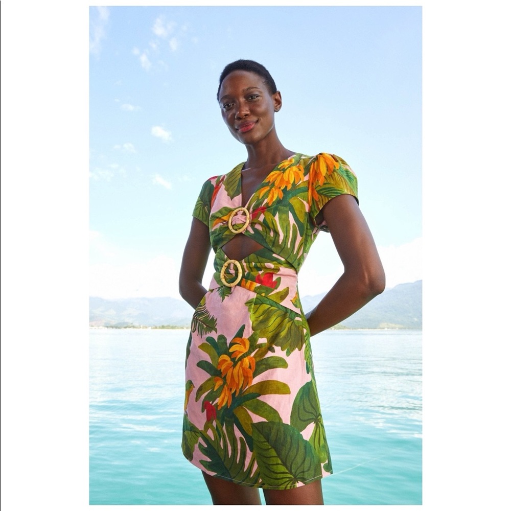 🥥Farm Rio Pink Cocoa Forest Mini Tropical Palm Print Dress 🌺